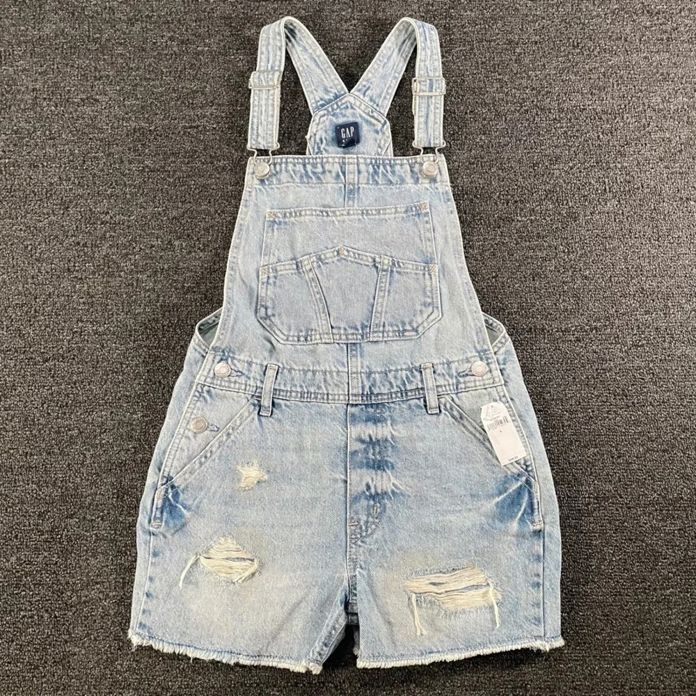 Gap Kids Denim Shortalls Kids Large Light Wash Blue New Distressed Raw Hem